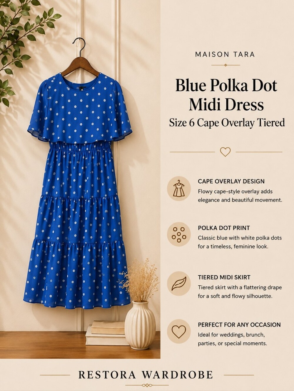 Maison Tara Blue White Polka Dot Chiffon Tiered Midi Dress Capelet Size 6